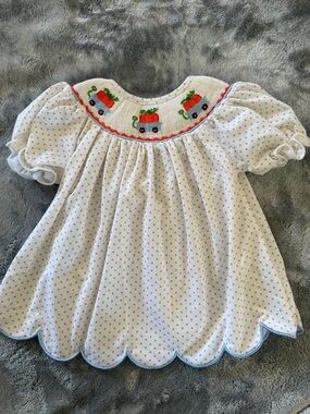 White Polka Dot Smocked Baby Top with wagon pumpkin Embroidery